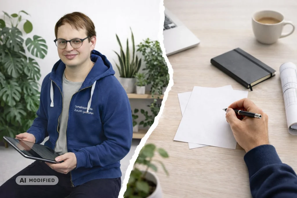 KI-bearbeitete Collage einer Person mit Tablet und einer Hand, die an einem Schreibtisch schreibt.