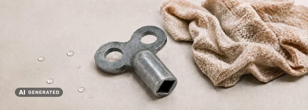 KI-generierte Nahaufnahme eines Entlüftungsschlüssels neben einem Tuch und Wassertropfen.