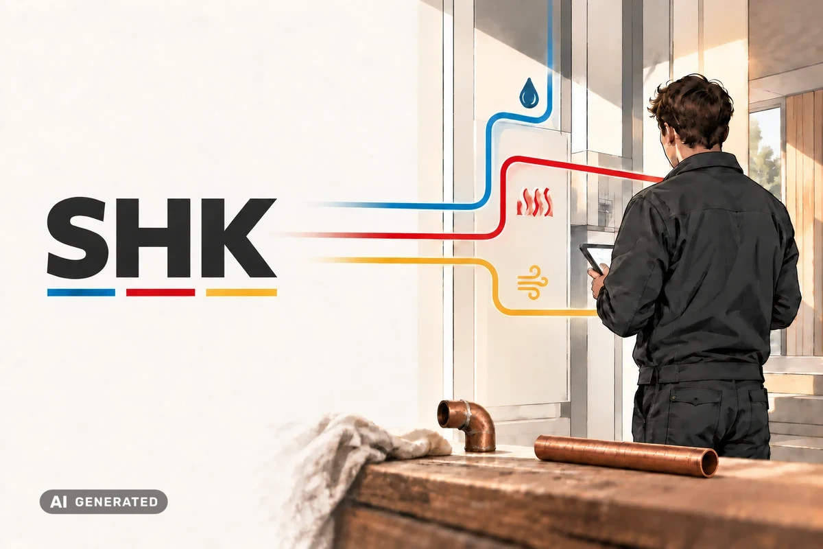 KI-generierte Editorial-Illustration eines Anlagenmechanikers SHK vor symbolischen Linien für Wasser, Wärme und Luft.